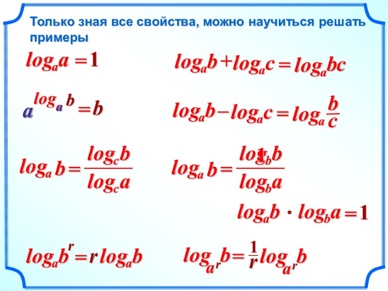 Только зная все свойства, можно научиться решать примеры = = 1 = = b